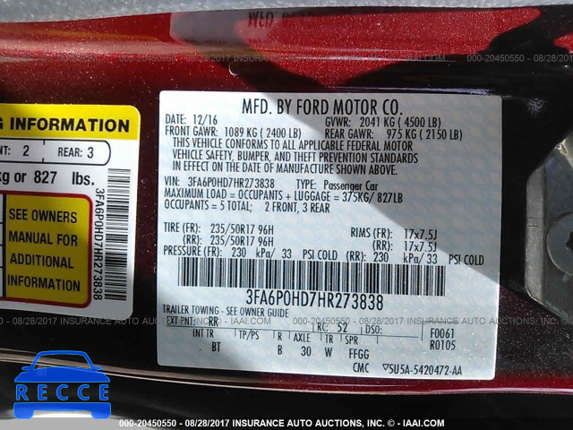 2017 FORD FUSION 3FA6P0HD7HR273838 image 8