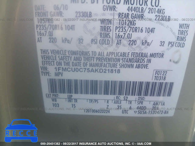 2010 Ford Escape 1FMCU0C75AKD21818 зображення 8