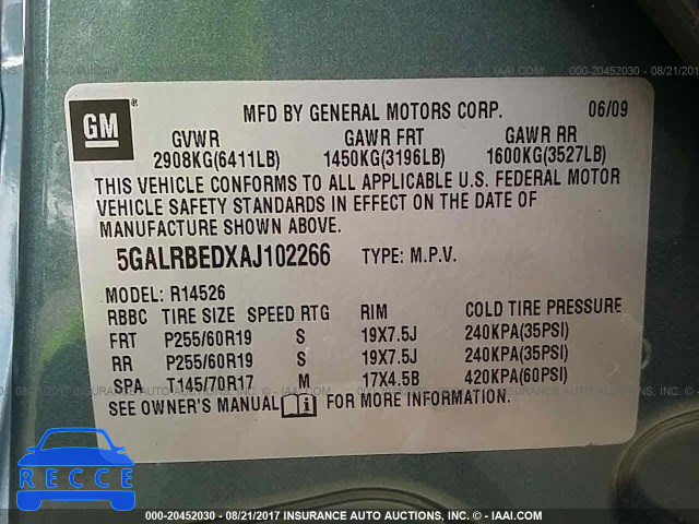 2010 BUICK ENCLAVE CXL 5GALRBEDXAJ102266 image 8