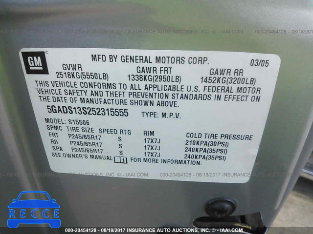 2005 Buick Rainier CXL 5GADS13S252315555 image 8