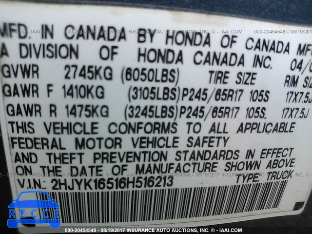 2006 HONDA RIDGELINE RTL 2HJYK16516H516213 image 8