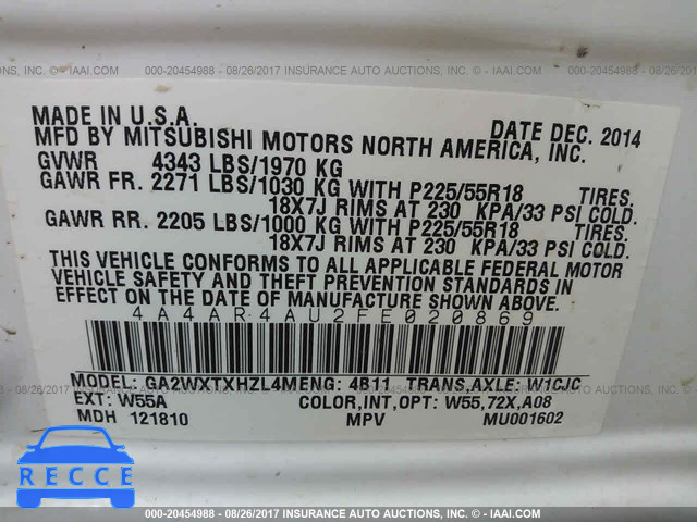 2015 Mitsubishi Outlander Sport 4A4AR4AU2FE020869 image 8