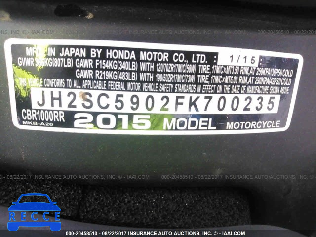 2015 Honda CBR1000 JH2SC5902FK700235 зображення 9