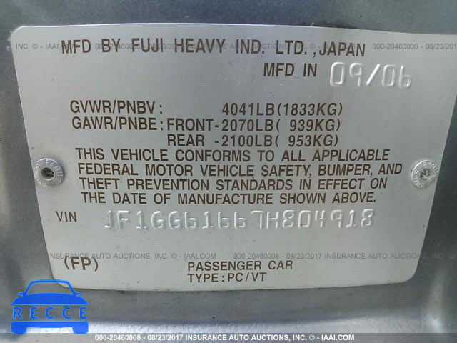 2007 Subaru Impreza 2.5I JF1GG61667H804918 image 8