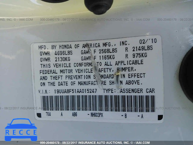 2010 Acura TL 19UUA8F51AA015247 зображення 8