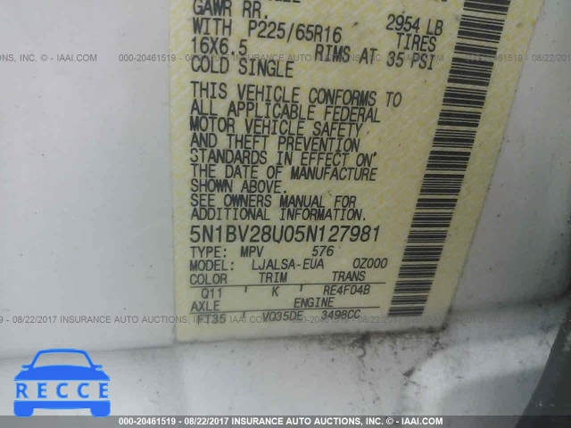 2005 Nissan Quest S/SE/SL 5N1BV28U05N127981 зображення 8