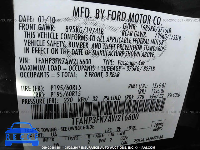 2010 Ford Focus 1FAHP3FN7AW216600 зображення 8