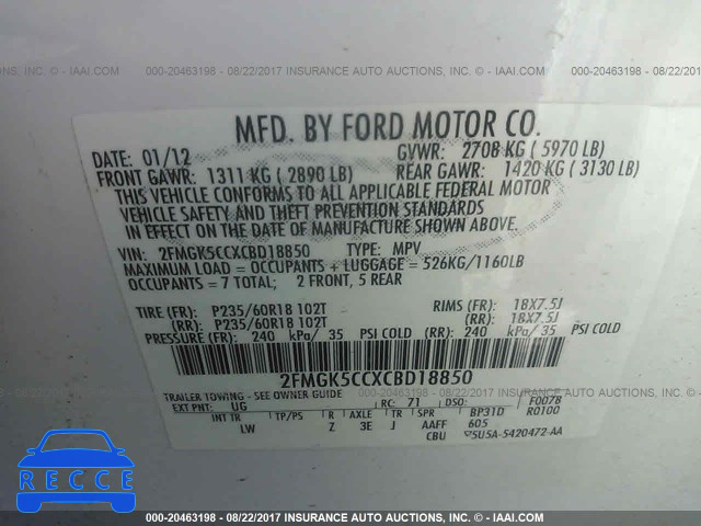 2012 Ford Flex 2FMGK5CCXCBD18850 зображення 8
