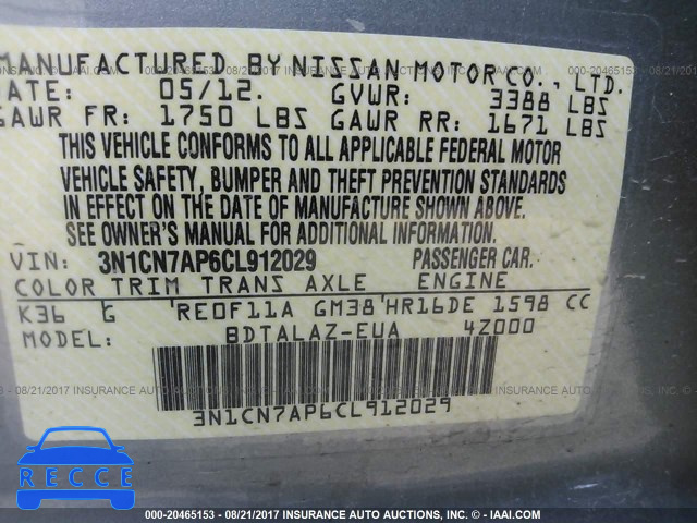 2012 NISSAN VERSA 3N1CN7AP6CL912029 image 8