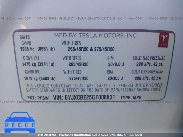 2016 Tesla Model X 5YJXCBE25GF008831 зображення 8