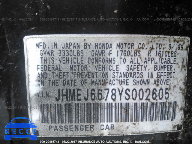 2000 HONDA CIVIC JHMEJ6678YS002605 image 8