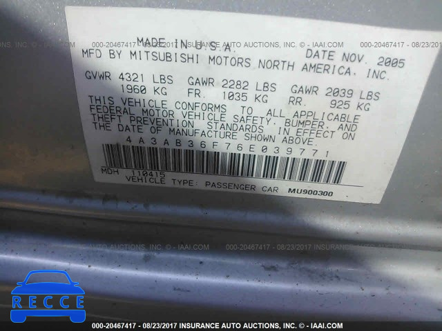 2006 Mitsubishi Galant ES MEDIUM/LS MEDIUM 4A3AB36F76E039771 image 8