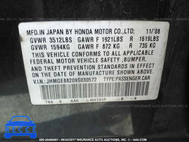 2009 Honda FIT JHMGE88209S030572 image 8