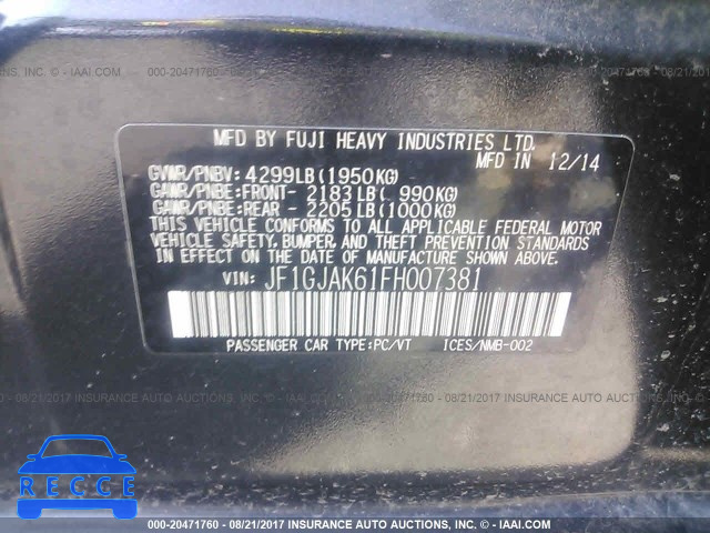 2015 Subaru Impreza PREMIUM PLUS JF1GJAK61FH007381 зображення 8