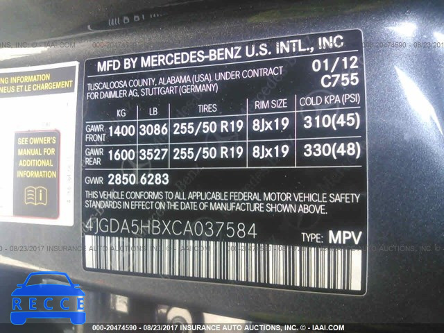 2012 Mercedes-benz ML 350 4MATIC 4JGDA5HBXCA037584 Bild 8