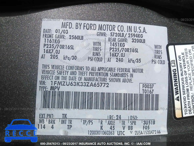 2003 Ford Explorer 1FMZU63K33ZA65772 зображення 8
