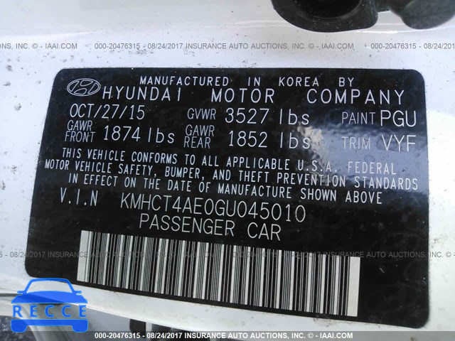2016 Hyundai Accent KMHCT4AE0GU045010 зображення 8