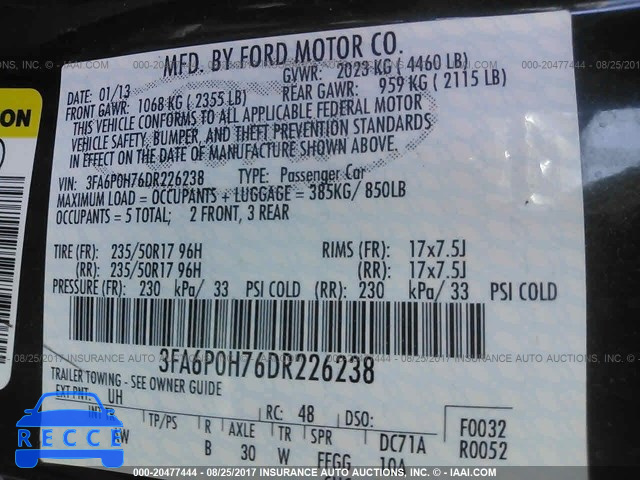 2013 Ford Fusion 3FA6P0H76DR226238 зображення 8