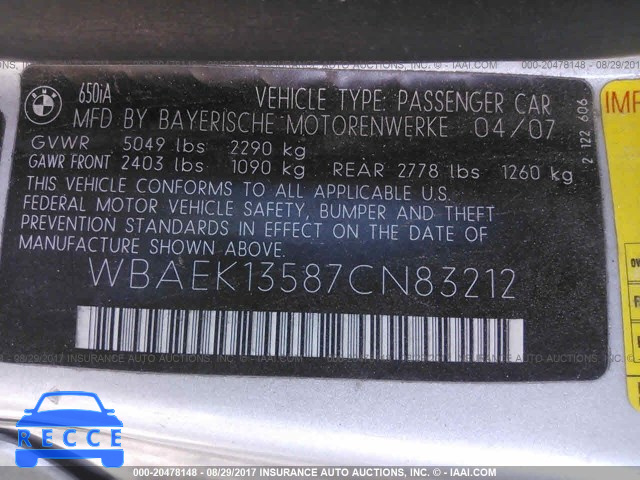 2007 BMW 650 I WBAEK13587CN83212 image 8