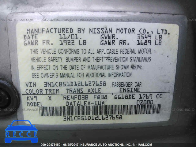 2002 Nissan Sentra 3N1CB51D12L627658 зображення 8