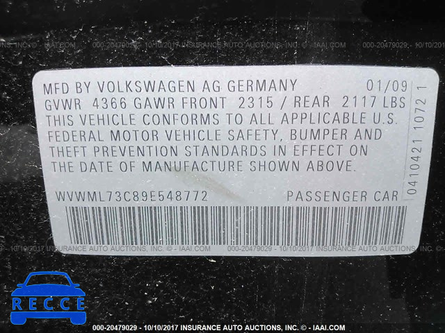 2009 Volkswagen CC WVWML73C89E548772 зображення 8
