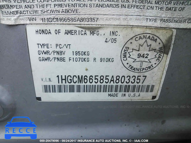 2005 Honda Accord 1HGCM66585A803357 зображення 8