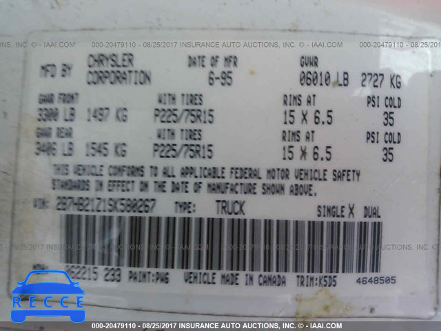 1995 DODGE RAM VAN B2500 2B7HB21Z1SK580267 image 8