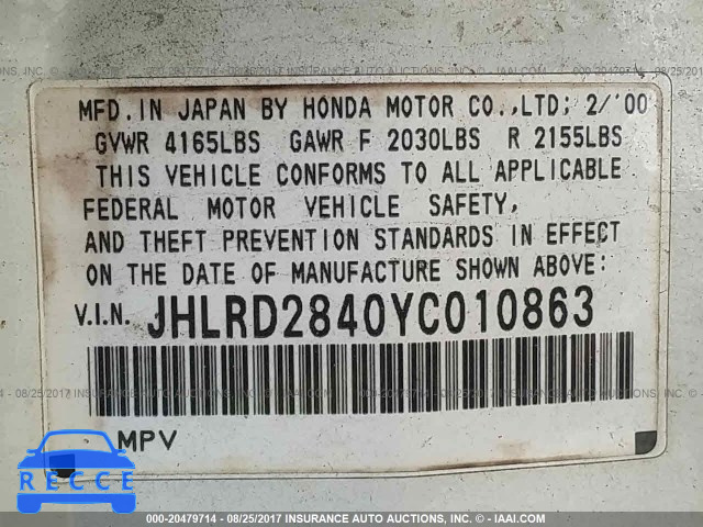 2000 Honda CR-V LX JHLRD2840YC010863 image 8