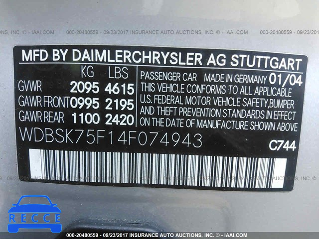 2004 Mercedes-benz SL WDBSK75F14F074943 Bild 8