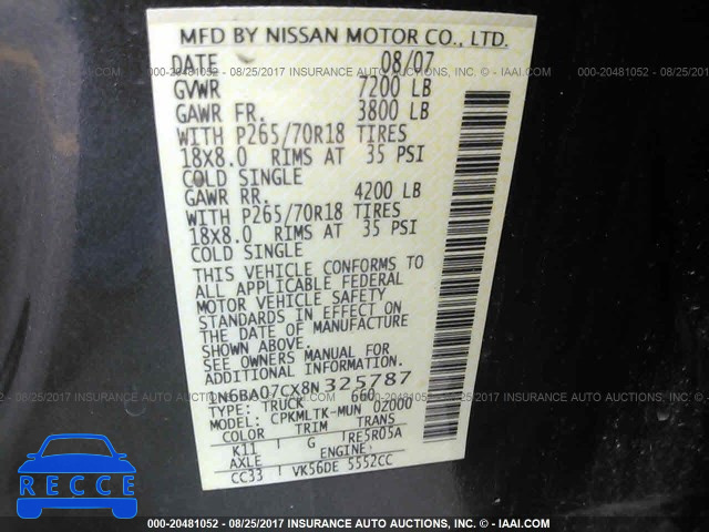 2008 Nissan Titan XE/SE/LE/PRO-4X 1N6BA07CX8N325787 зображення 8