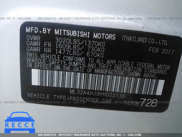 2017 MITSUBISHI MIRAGE ML32A4HJ9HH022136 зображення 8