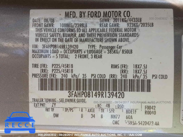 2009 Ford Fusion SEL 3FAHP08149R139420 image 8
