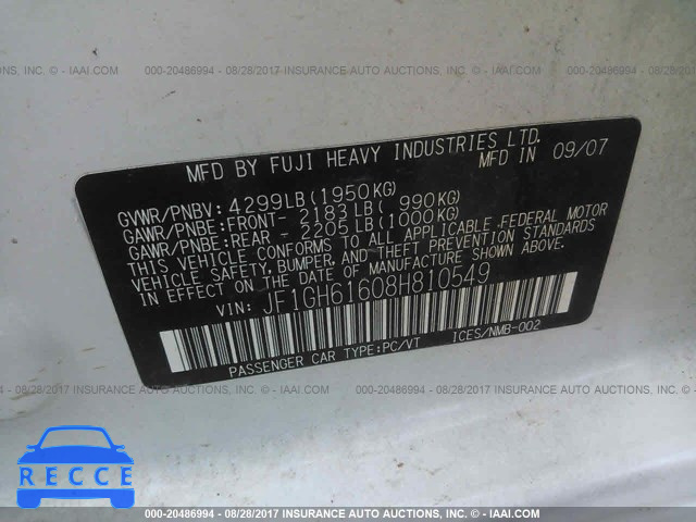 2008 Subaru Impreza 2.5I JF1GH61608H810549 image 8