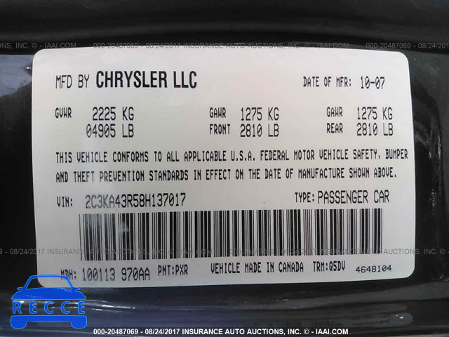 2008 Chrysler 300 2C3KA43R58H137017 зображення 8