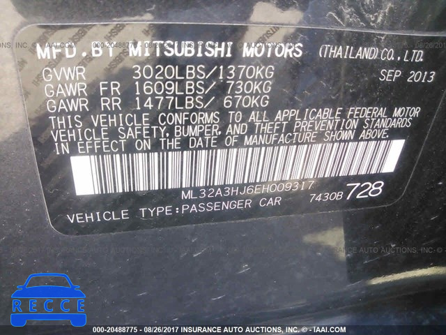 2014 Mitsubishi Mirage DE ML32A3HJ6EH009317 image 8