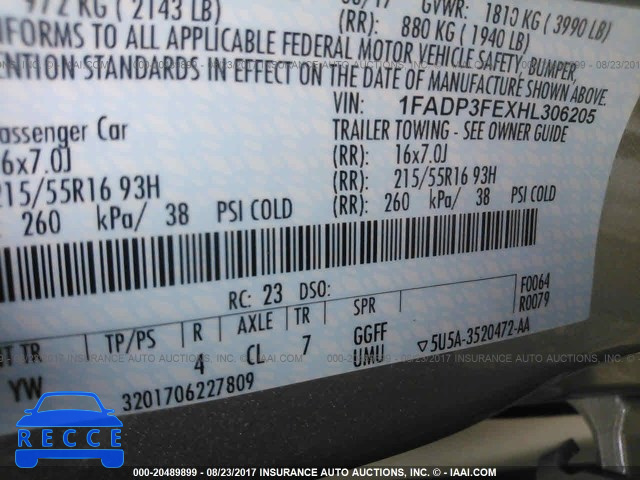 2017 FORD FOCUS 1FADP3FEXHL306205 image 8