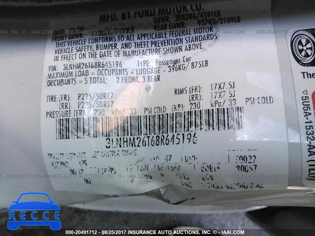 2008 Lincoln MKZ 3LNHM26T68R645196 Bild 8