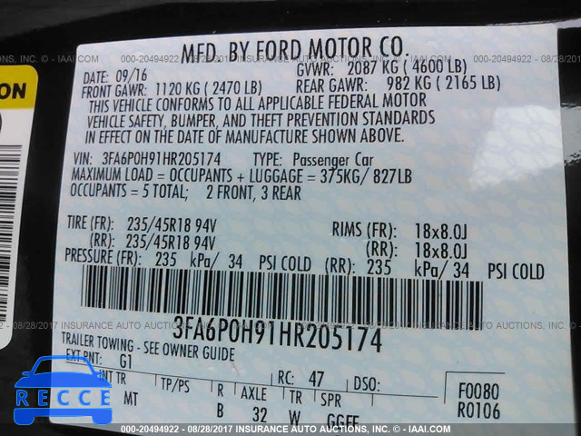 2017 FORD FUSION 3FA6P0H91HR205174 Bild 8