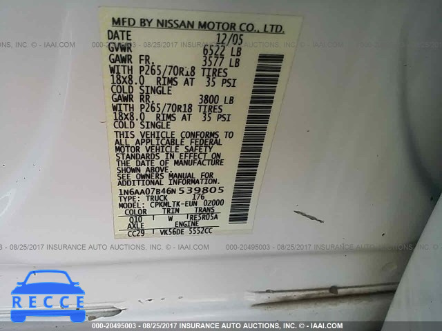 2006 NISSAN TITAN XE/SE/LE 1N6AA07B46N539805 зображення 8