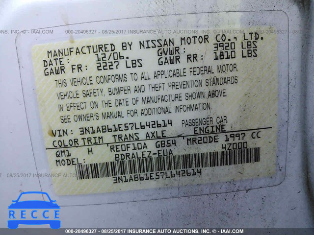 2007 Nissan Sentra 3N1AB61E57L642614 image 8