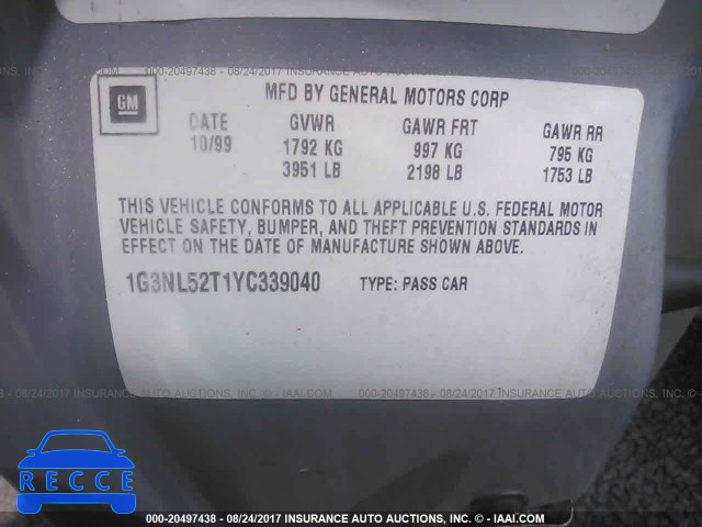 2000 Oldsmobile Alero GL 1G3NL52T1YC339040 image 8