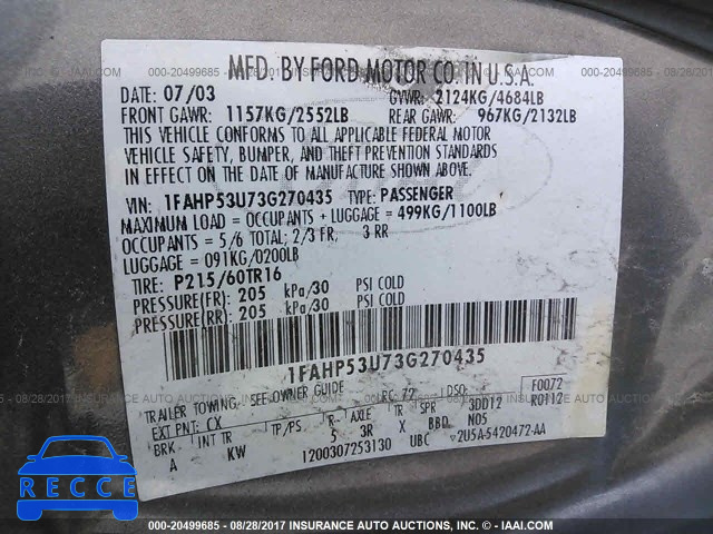 2003 FORD TAURUS 1FAHP53U73G270435 image 8