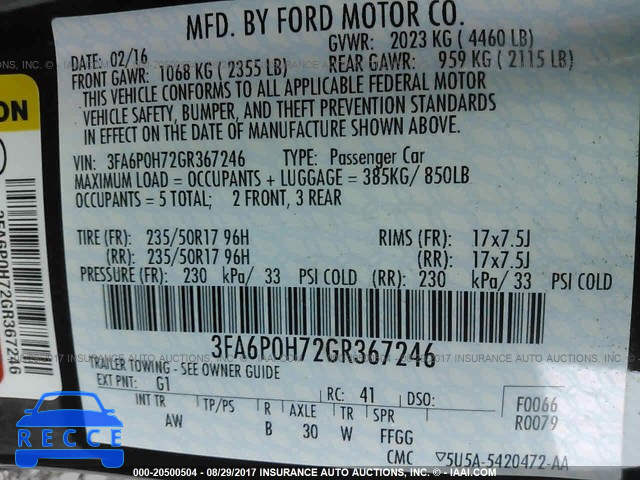 2016 Ford Fusion SE 3FA6P0H72GR367246 image 8