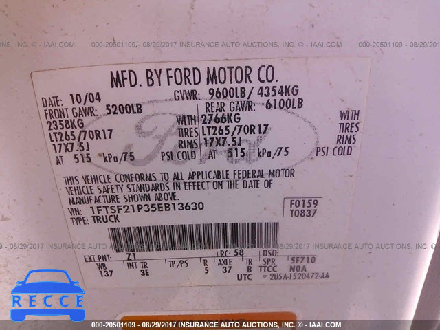 2005 Ford F250 SUPER DUTY 1FTSF21P35EB13630 зображення 8