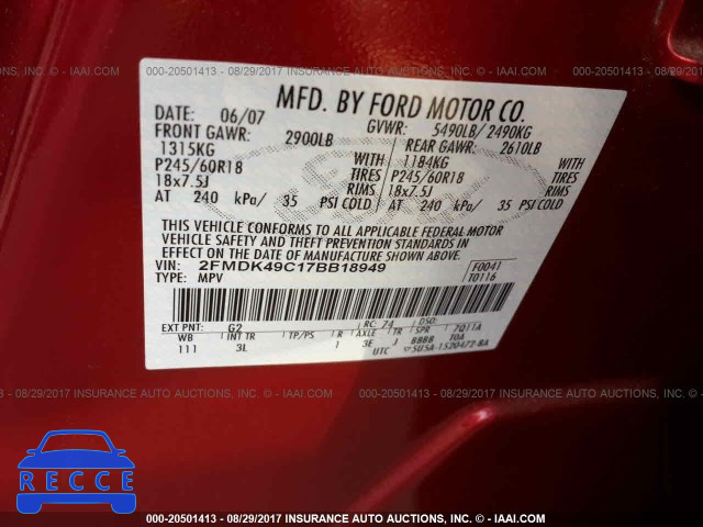 2007 Ford Edge 2FMDK49C17BB18949 зображення 8