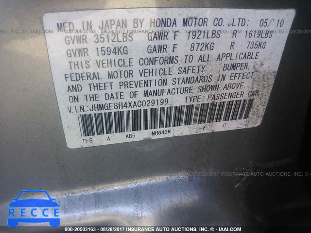 2010 Honda FIT SPORT JHMGE8H4XAC029199 зображення 8