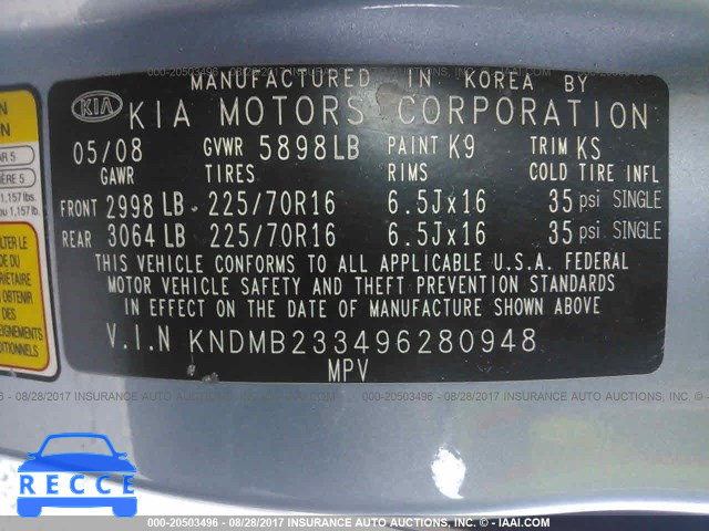 2009 KIA Sedona EX/LX KNDMB233496280948 image 8