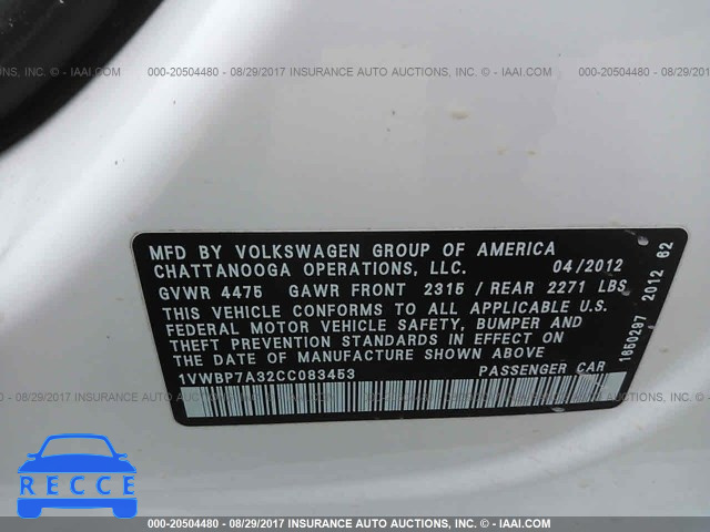 2012 Volkswagen Passat SE 1VWBP7A32CC083453 зображення 8