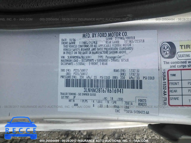 2007 Lincoln MKZ 3LNHM28T67R616941 Bild 8