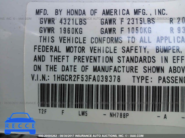 2015 Honda Accord 1HGCR2F53FA039378 image 8